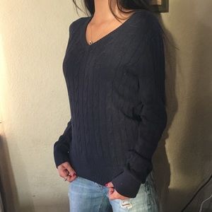 Long Sleeve V Neck Navy Blue Knit Top
